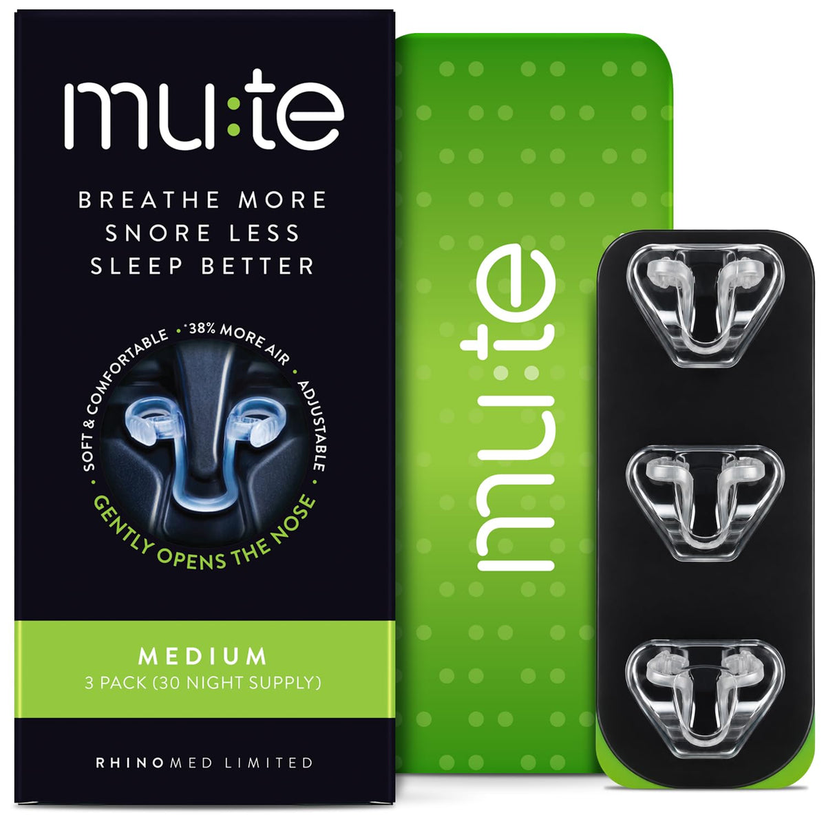 Rhinomed Mute front packaging showing three medium dilators and benefits