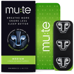 Rhinomed Mute front packaging showing three medium dilators and benefits