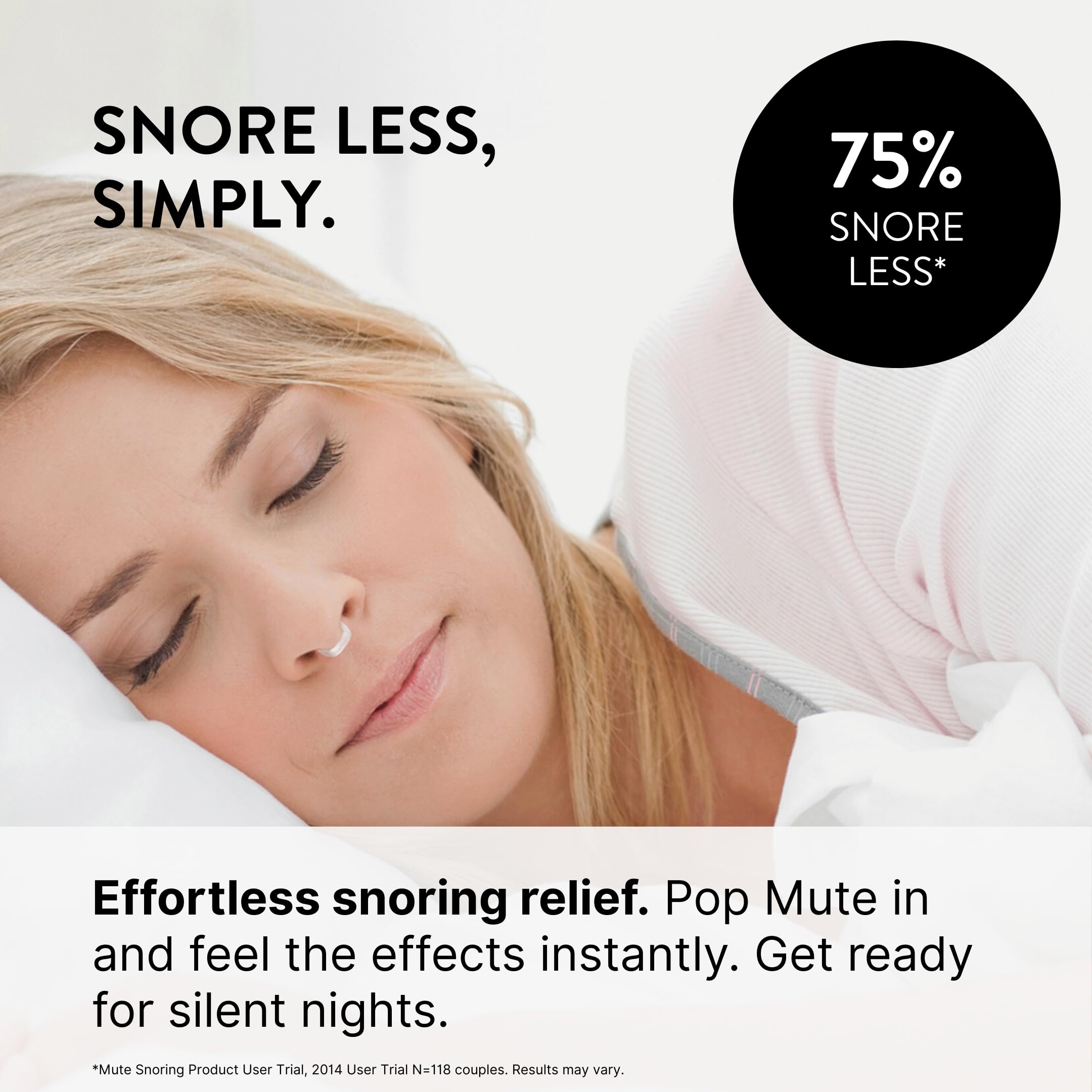Persona durmiendo con Rhinomed Mute colocado, respiraciF3n nasal mE1s libre