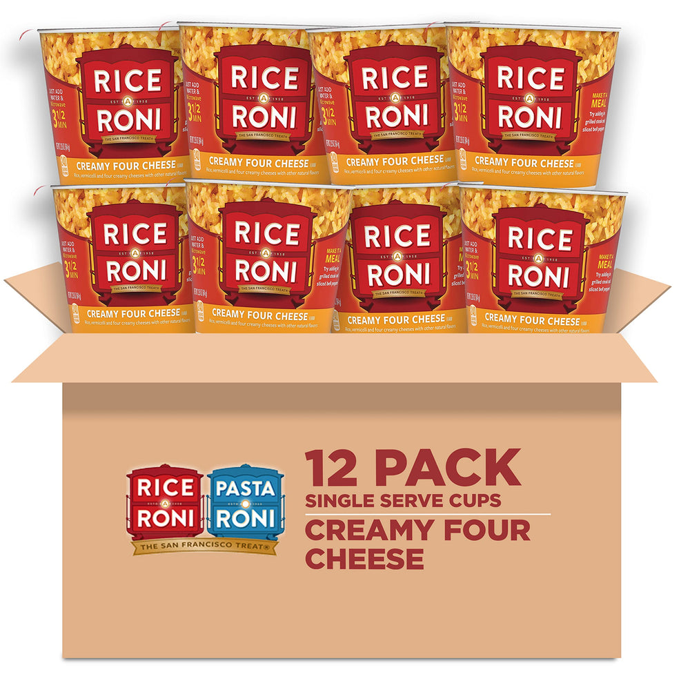 Rice-A-Roni cup vista frontal del envase mostrando formato individual y conveniencia