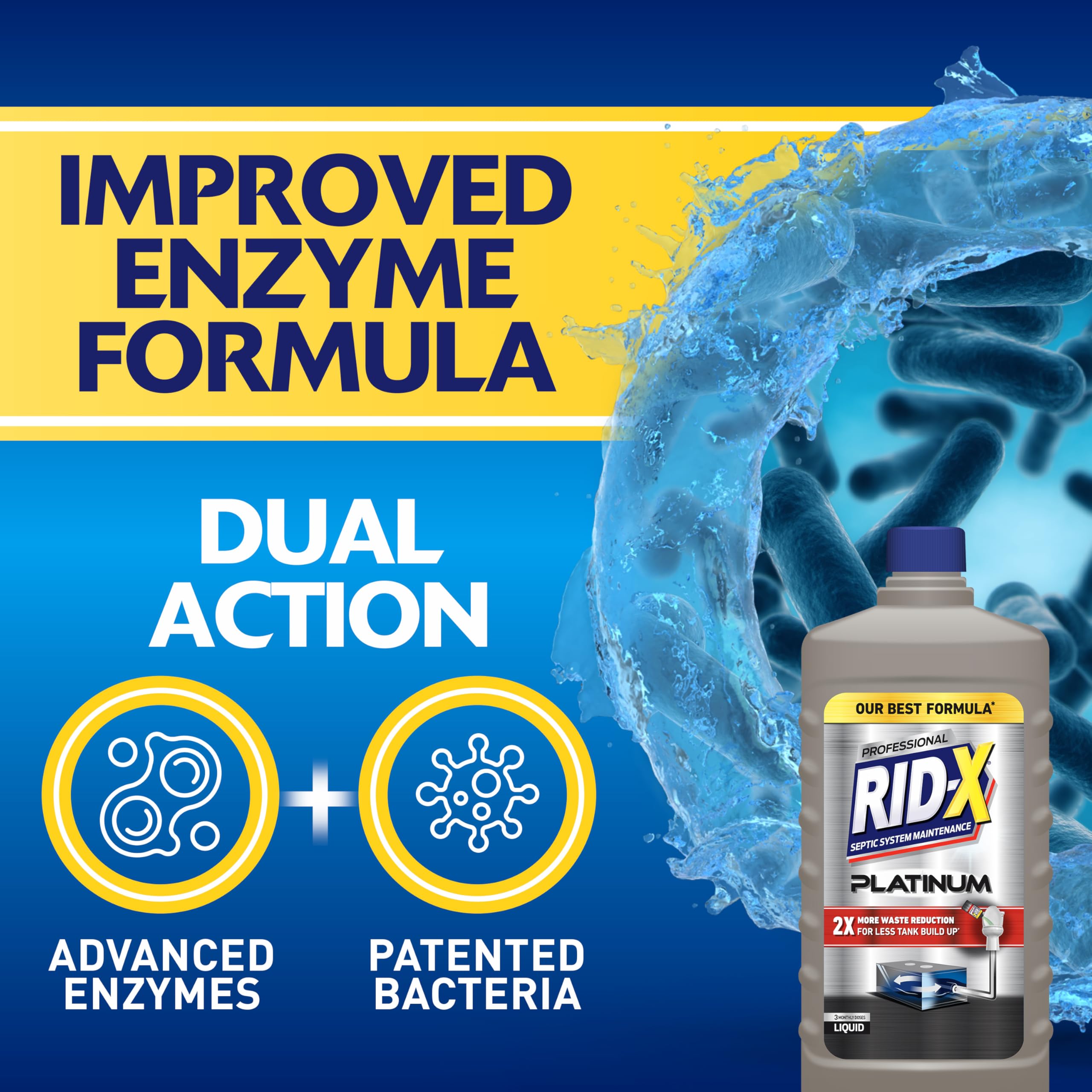 Rid-X botella junto a objetos cotidianos para comparar tamaño y duración