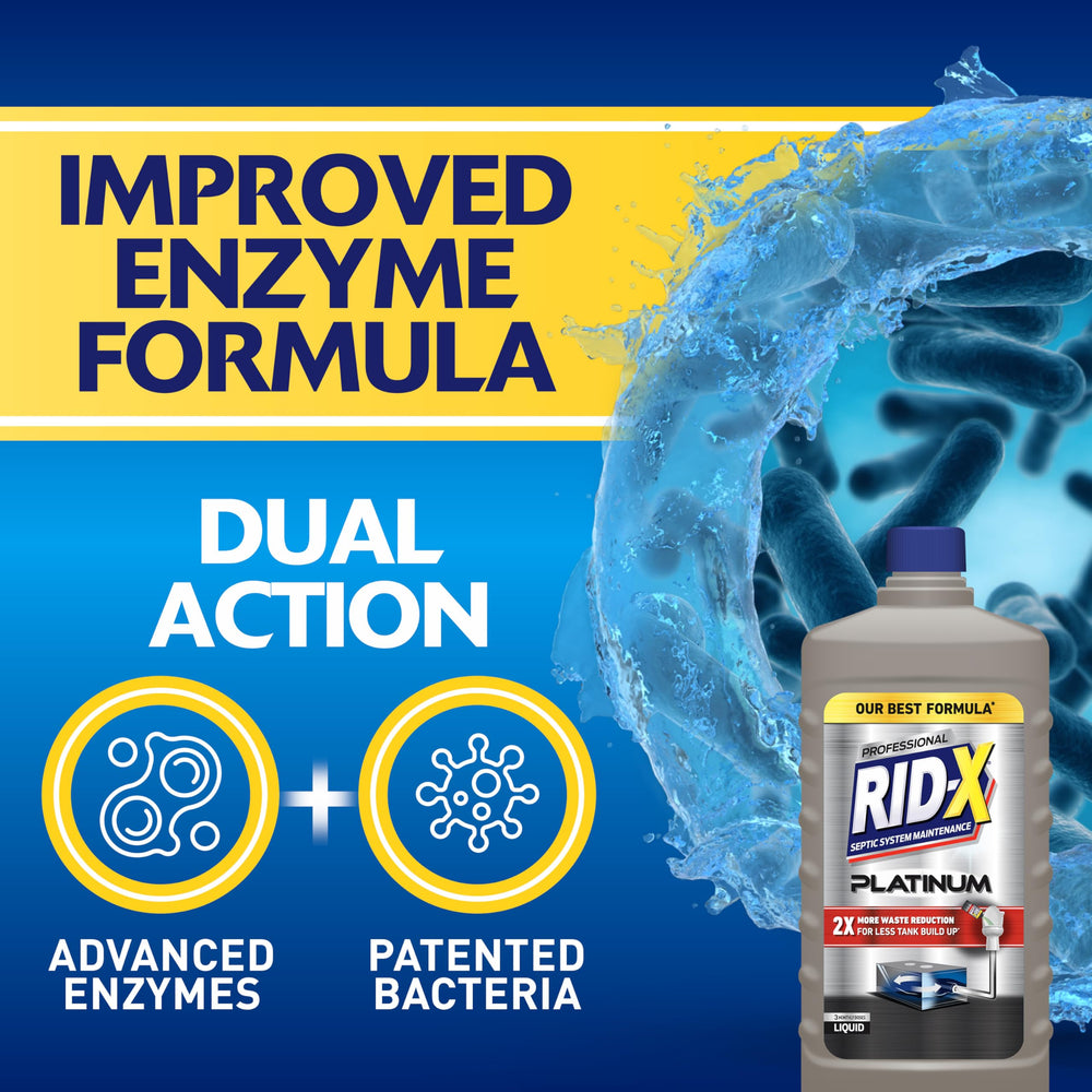 Rid-X botella junto a objetos cotidianos para comparar tamaño y duración