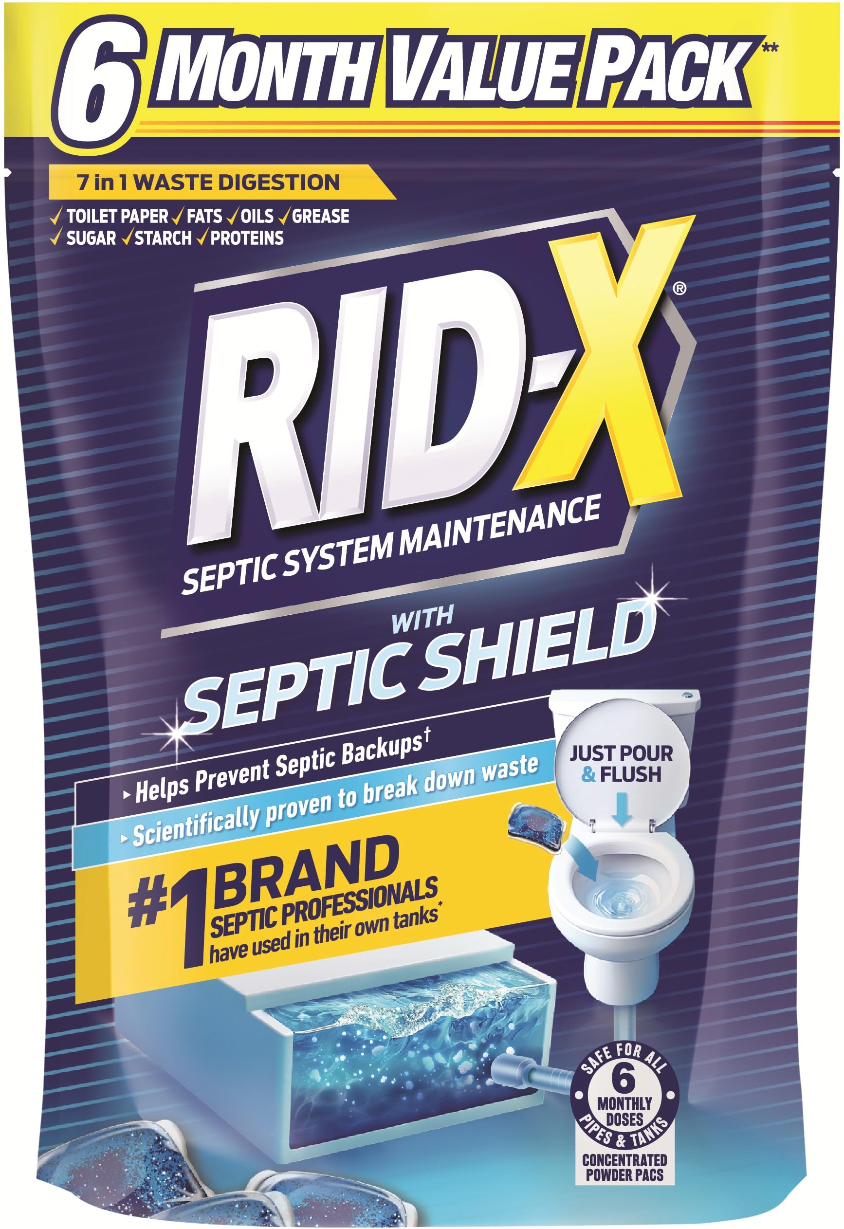 RID-X envase frontal mostrando el pack de seis meses y facilidad de uso