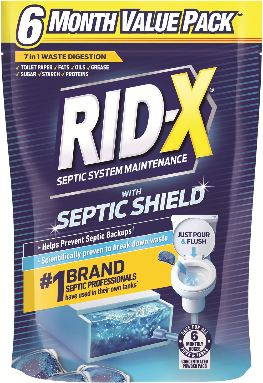 RID-X envase frontal mostrando el pack de seis meses y facilidad de uso