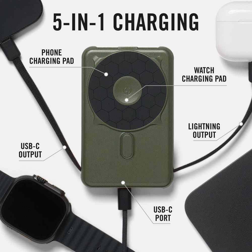 The Ridge power bank magnetically attached to an iPhone for secure MagSafe charging