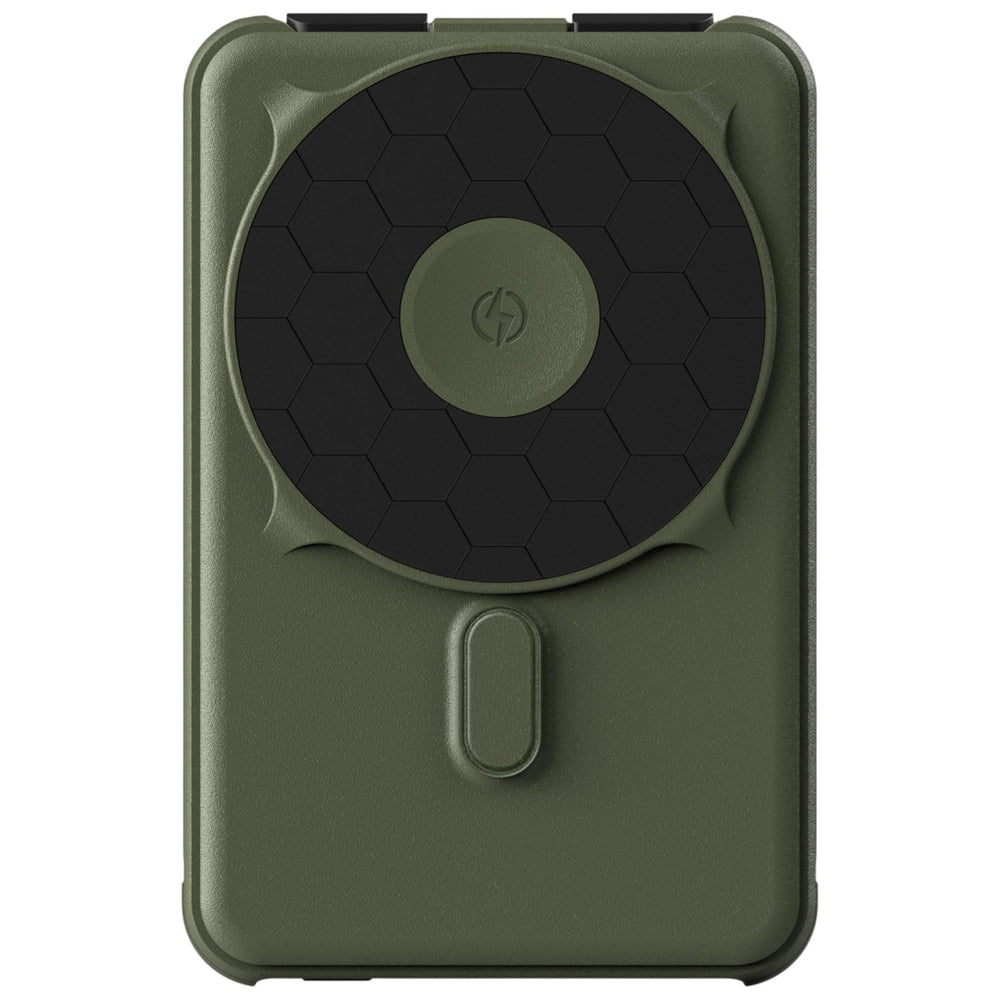 The Ridge power bank front view in matte olive showing compact design and portability