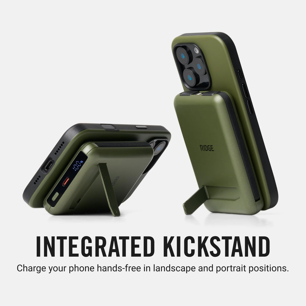 The Ridge power bank texture close-up in matte olive highlighting premium finish