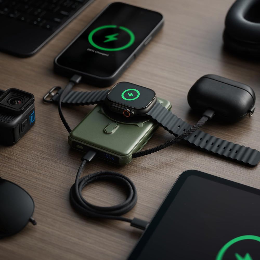 The Ridge power bank unboxed with included cables and compact packaging