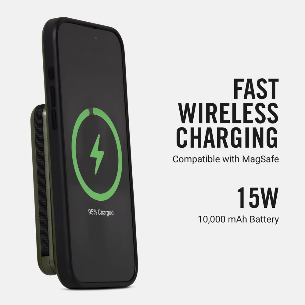The Ridge power bank close-up showing built-in Lightning and USB-C cables for convenience