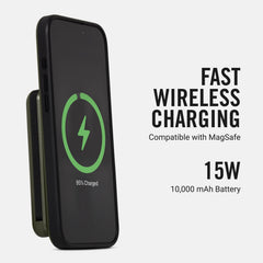 The Ridge power bank close-up showing built-in Lightning and USB-C cables for convenience
