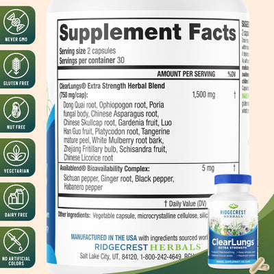 RidgeCrest Herbals bottle side with visible ingredient list showing botanical blend