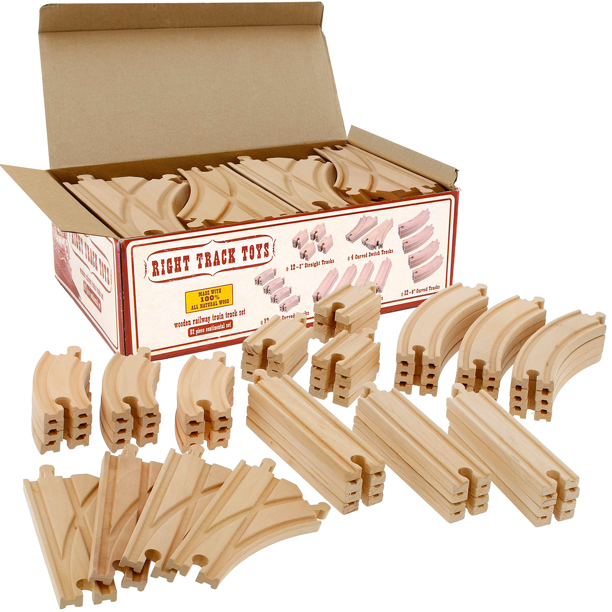 Right Track Toys frente del empaque mostrando 52 piezas y compatibilidad