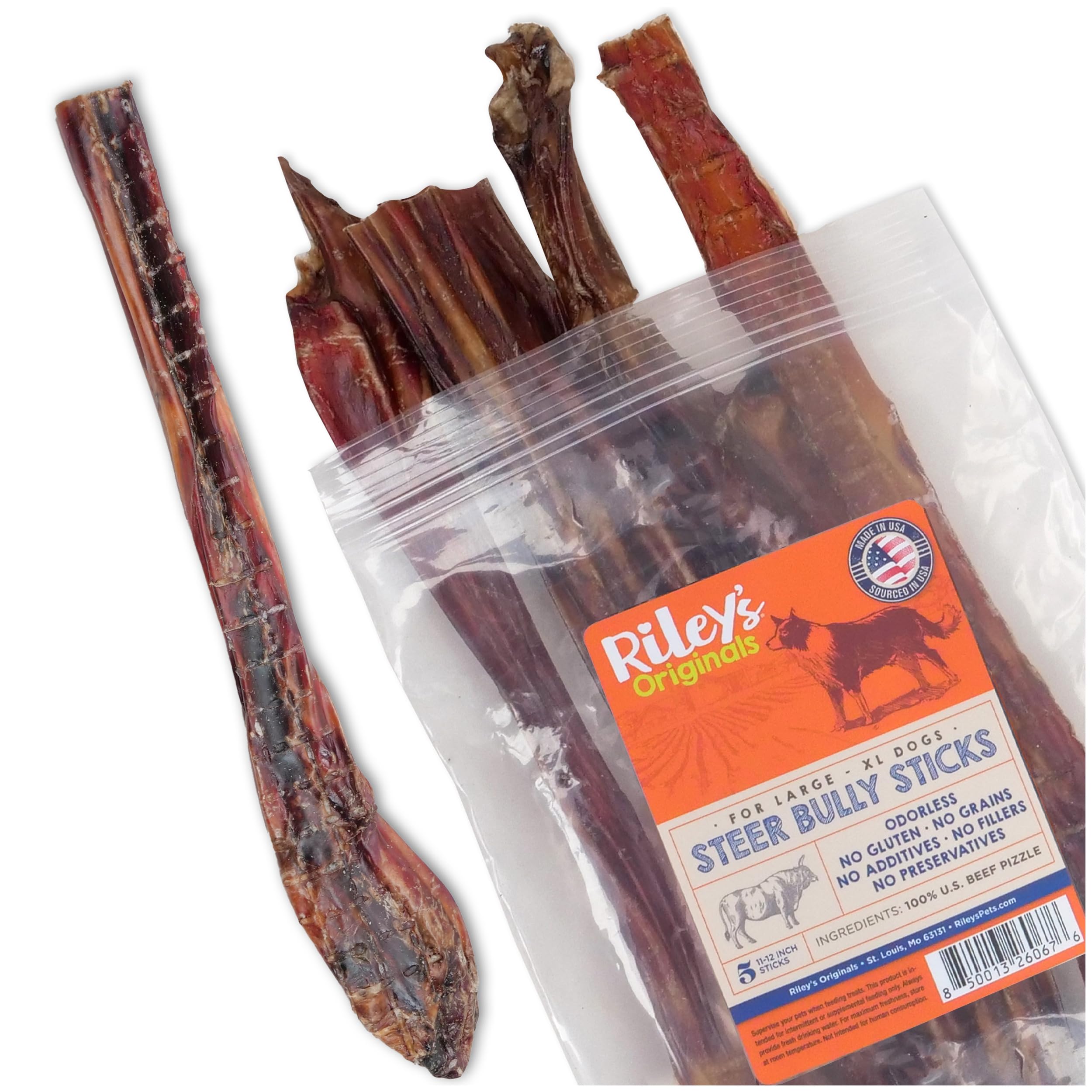 Riley's empaque frontal mostrando 5 bully sticks, beneficio: presentación clara
