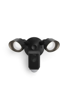 Ring Floodlight Cam front view showing camera and lights, improves outdoor monitoring