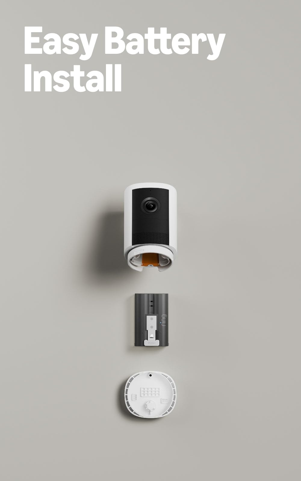 Ring camera with battery and mount displayed for quick removal and recharge advantage