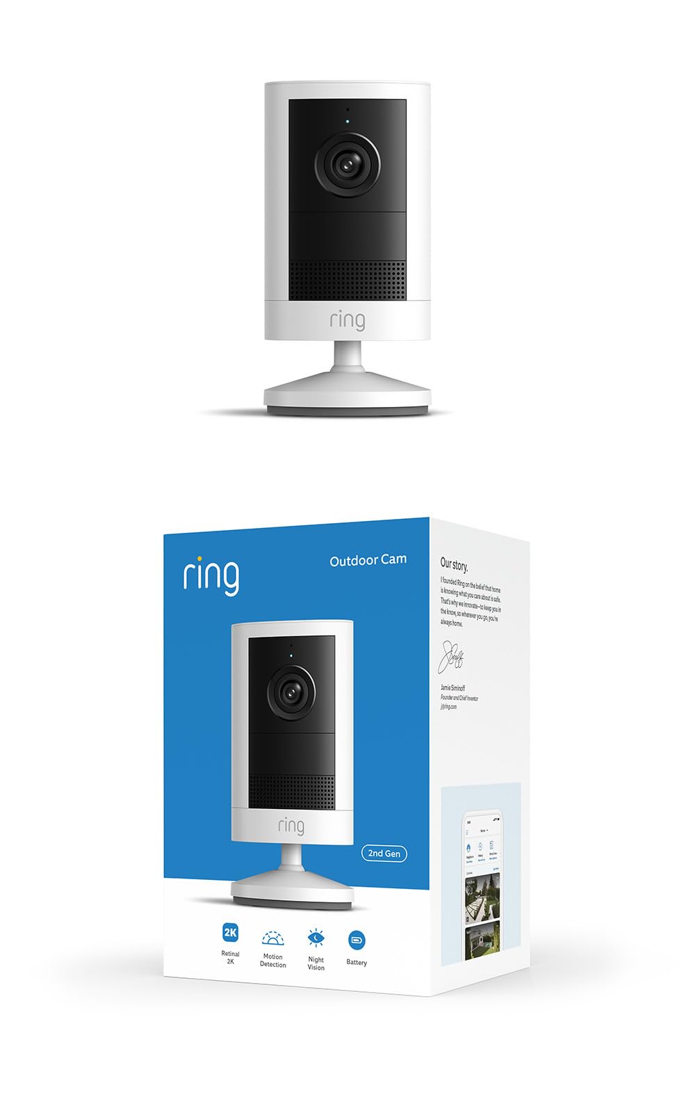 Ring Outdoor Cam front view showing sleek white housing and lens, clear curb appeal