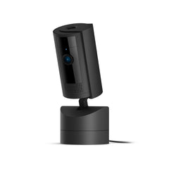 Ring Pan-Tilt Indoor Cam front view showing sleek black design and easy placement benefit