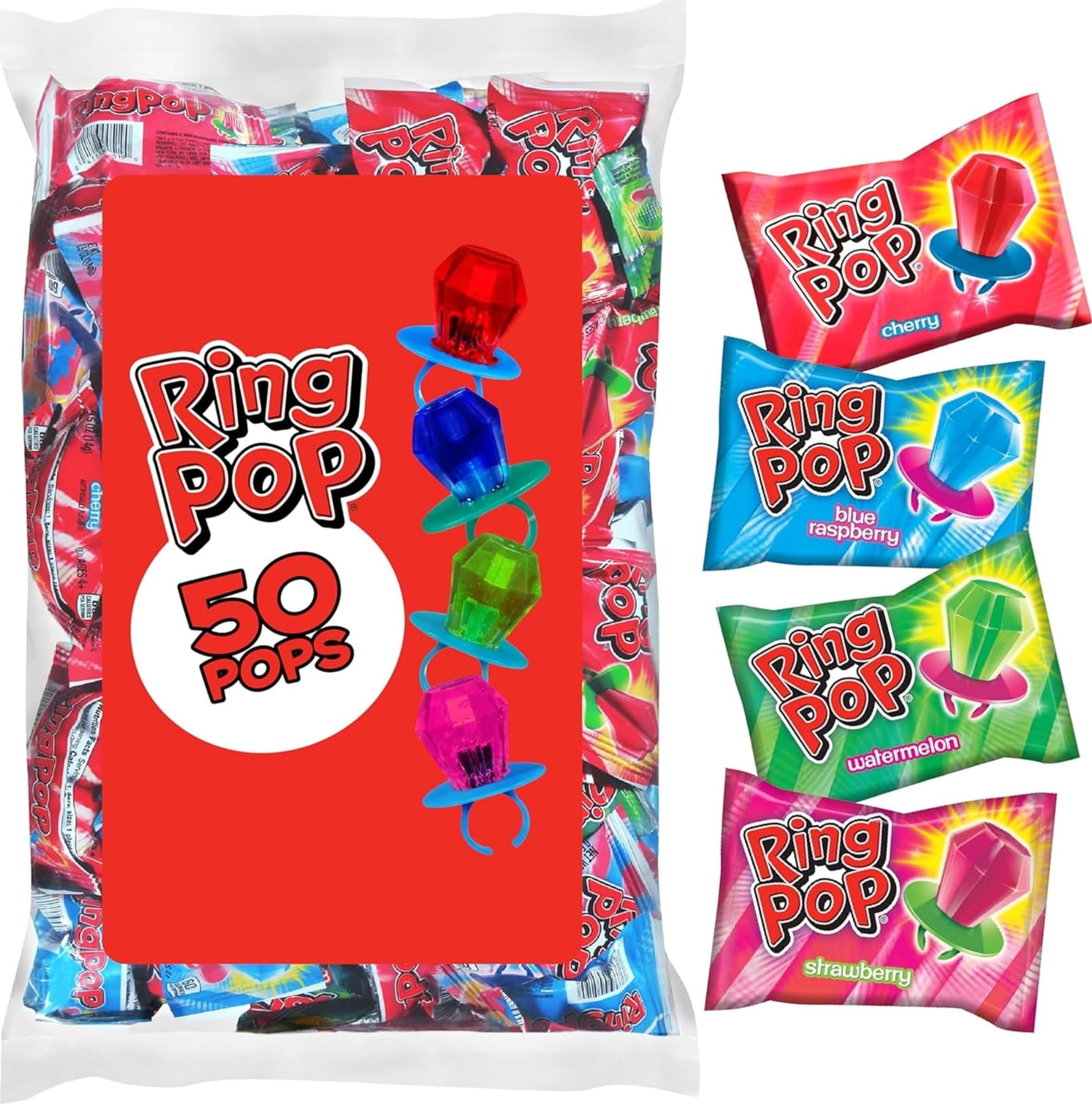 Ring Pop front packaging showing colorful bulk bag and flavors, brand visible and festive