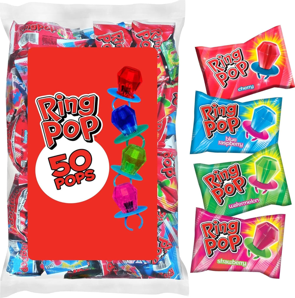 Ring Pop front packaging showing colorful bulk bag and flavors, brand visible and festive