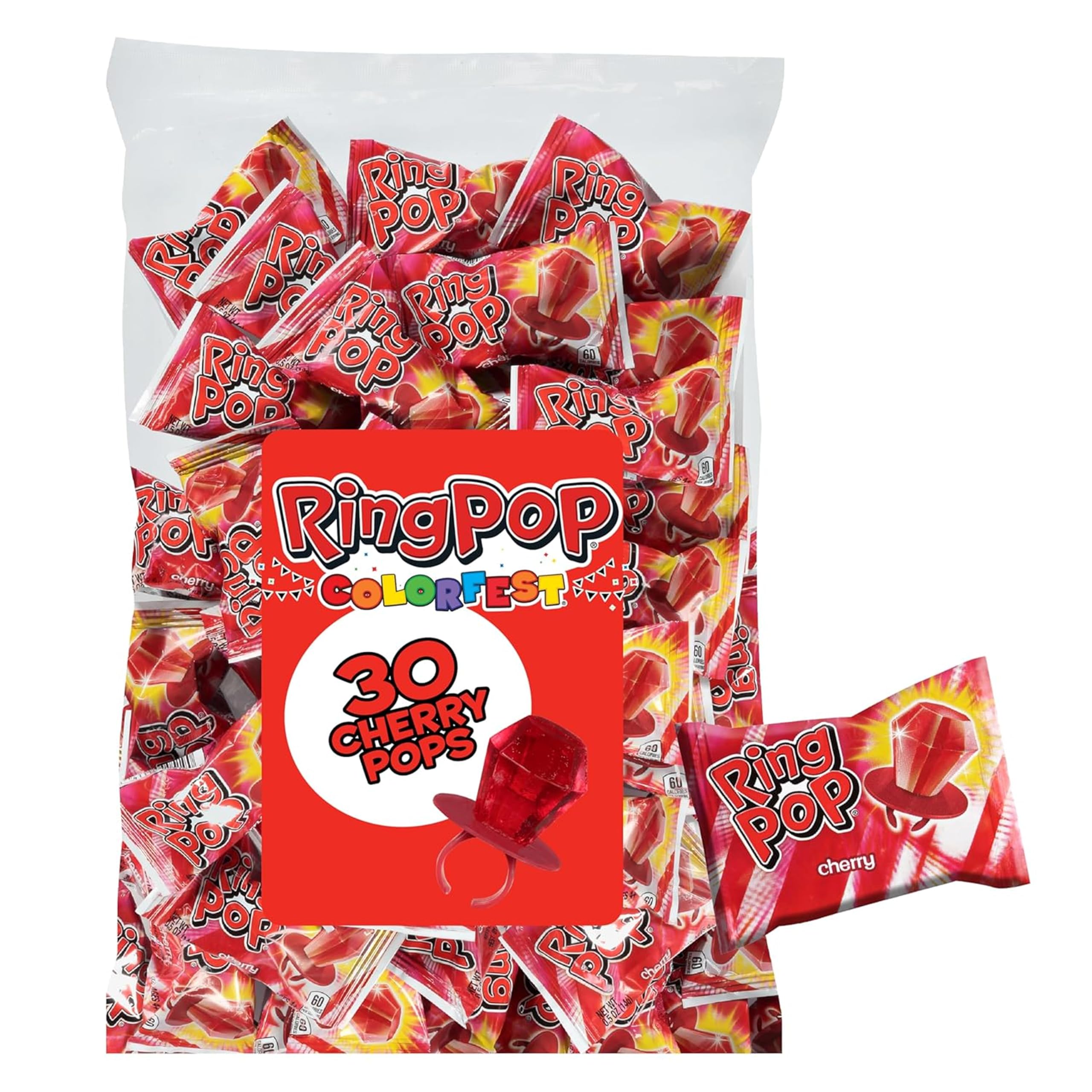 Ring Pop paquete frontal mostrando 30 paletas, ideal para fiestas