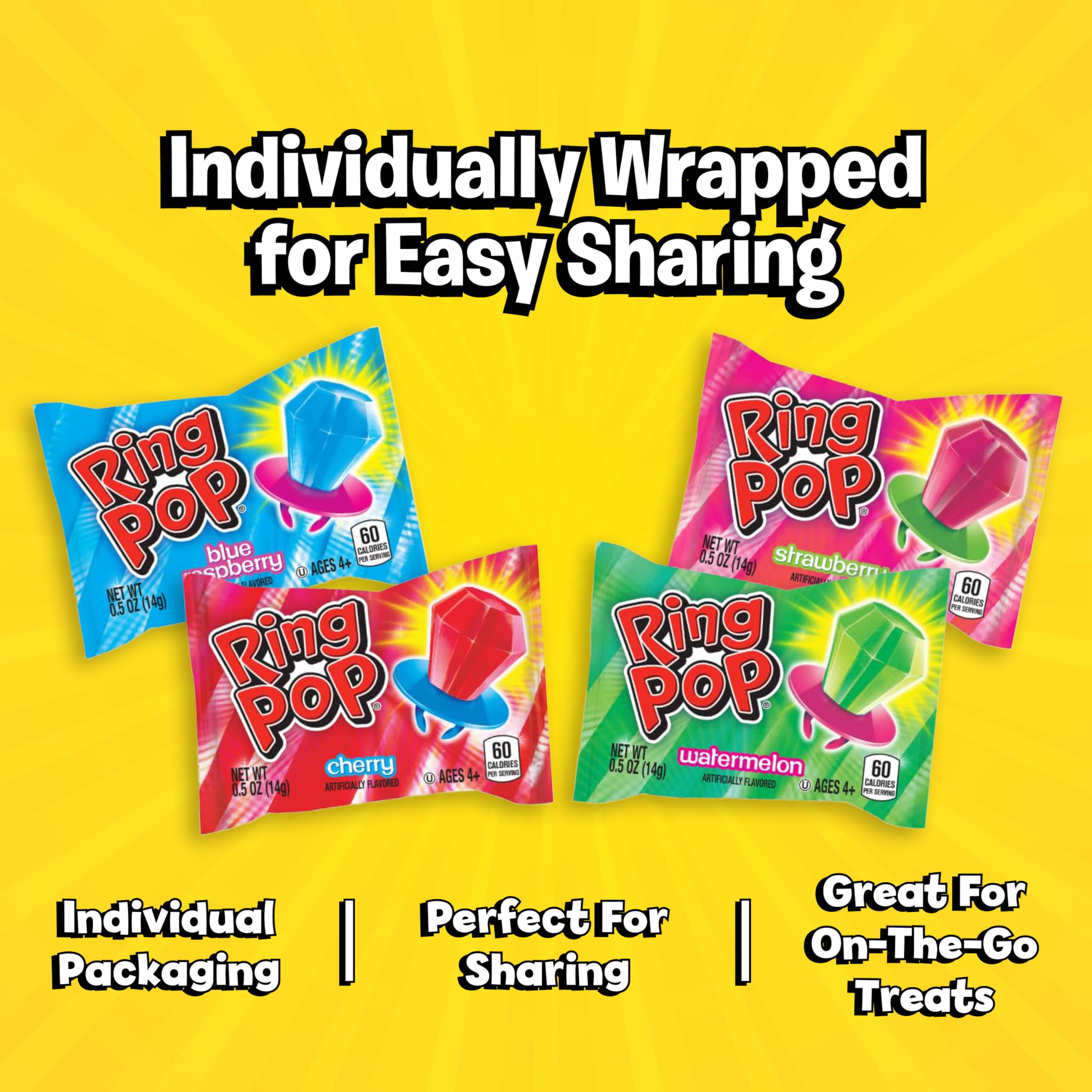 Ring Pop next to adult hand for size comparison showing brand and portion clarity