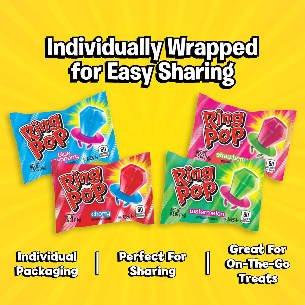 Ring Pop next to adult hand for size comparison showing brand and portion clarity