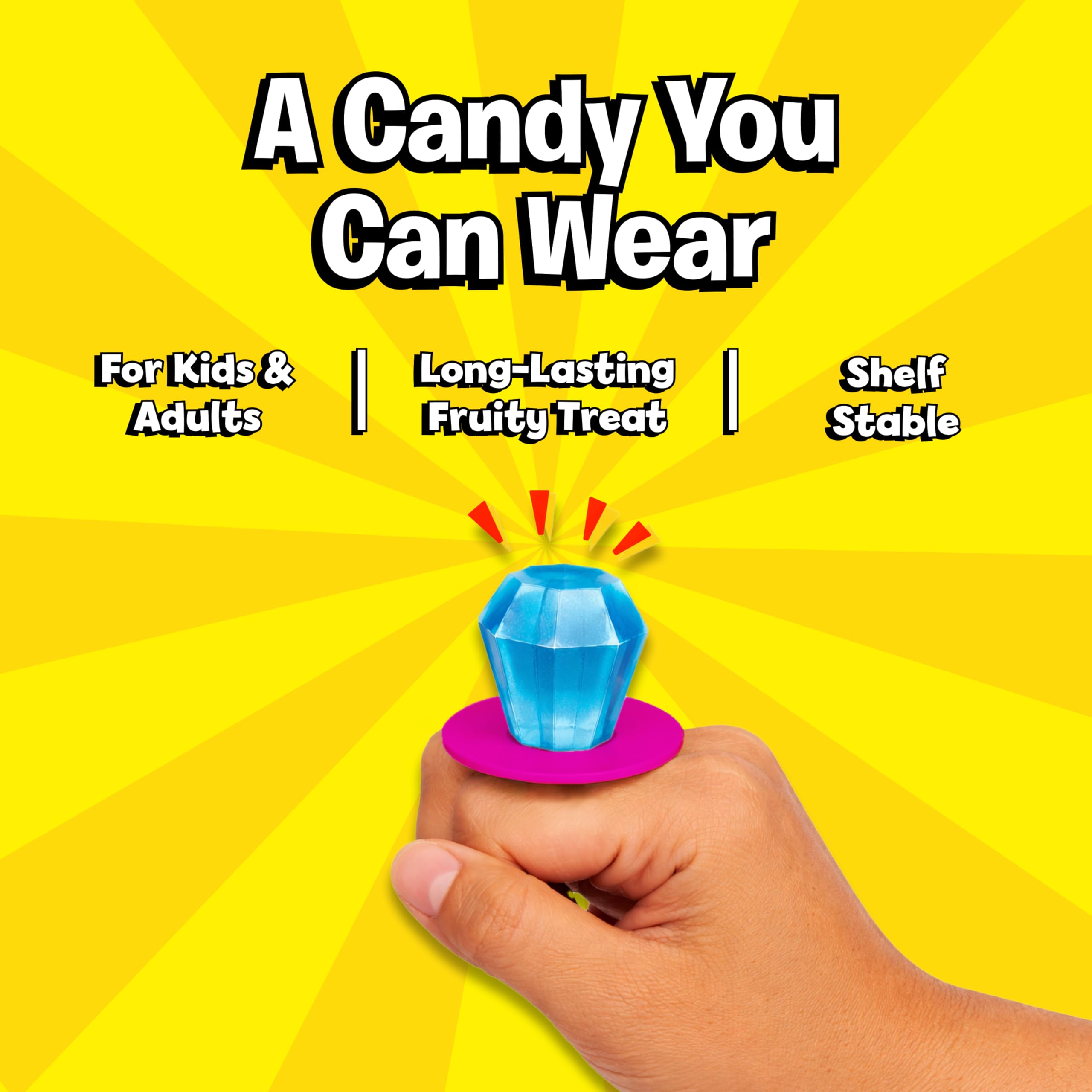 Ring Pop wearable on hand showing brand and fun hands-free snacking benefit