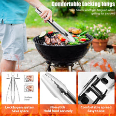 RINPIR tools in use flipping steak on grill demonstrating precise control and safety