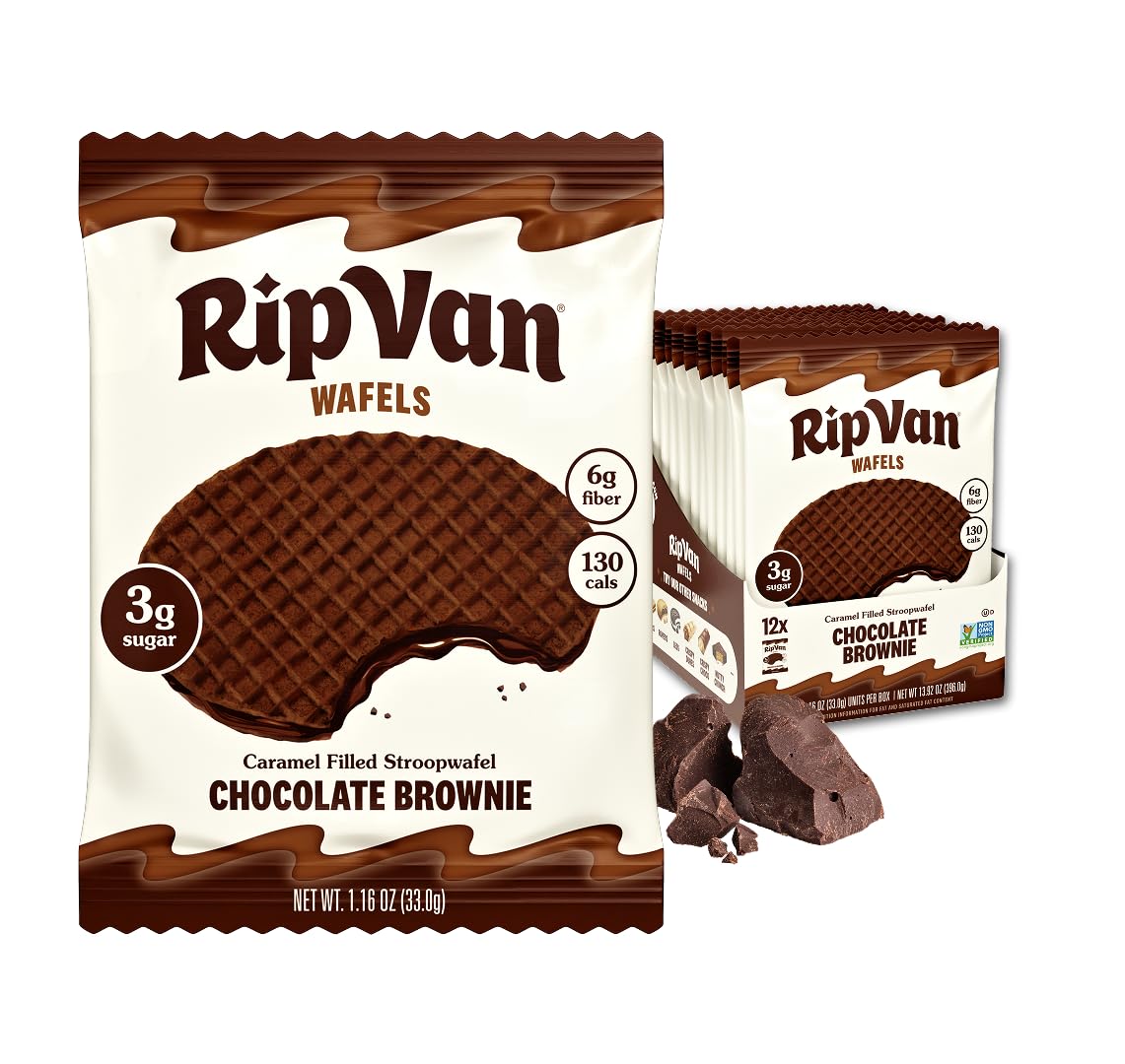 Rip Van Wafels frente del paquete mostrando diseño y beneficio bajo en azúcar