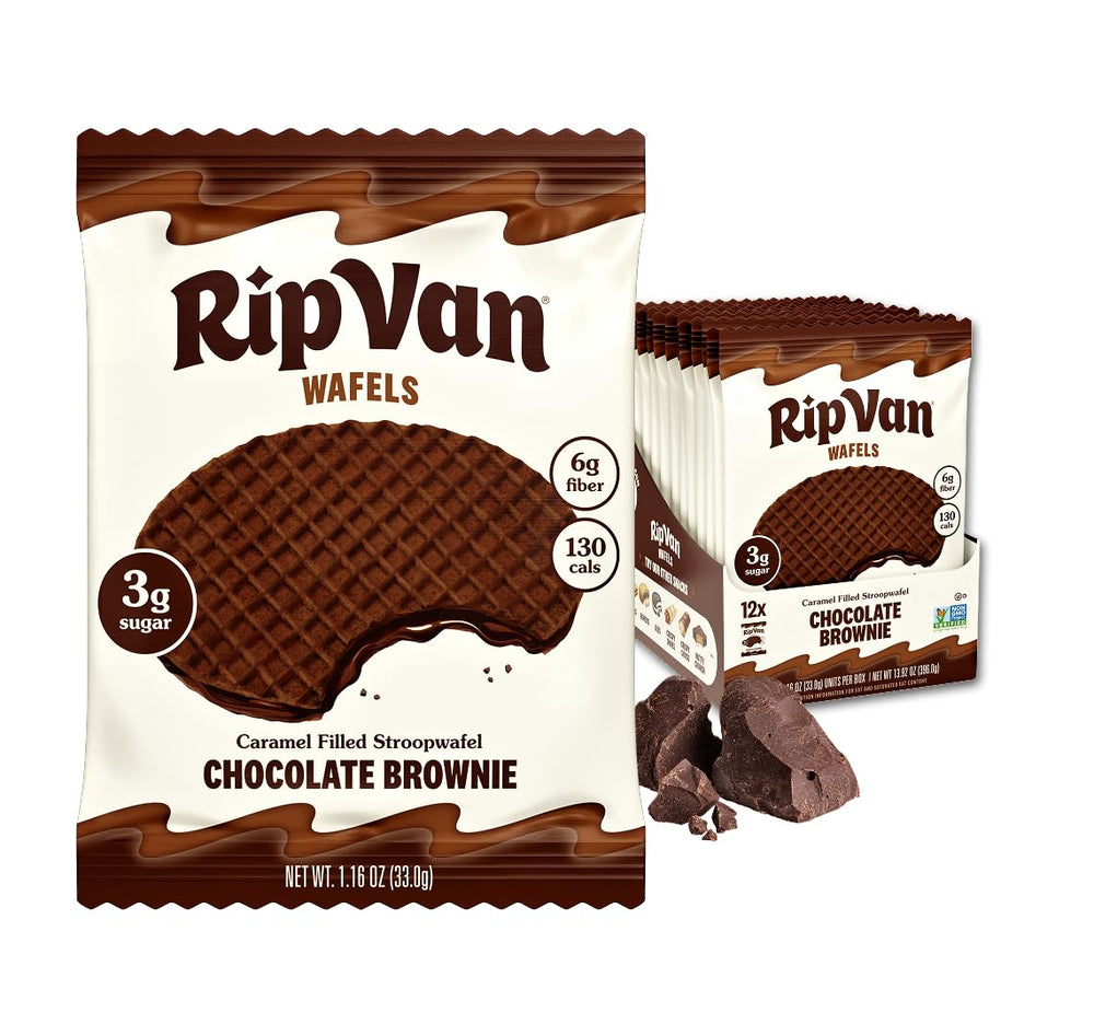 Rip Van Wafels frente del paquete mostrando diseño y beneficio bajo en azúcar