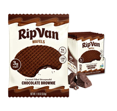 Rip Van Wafels frente del paquete mostrando diseño y beneficio bajo en azúcar