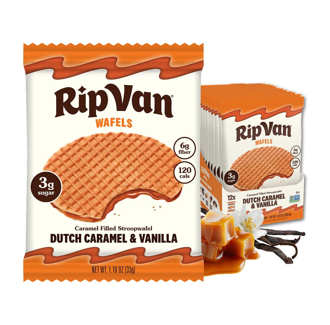 Rip Van Wafels paquete frontal mostrando 12 stroopwafels, práctico y bajo en azúcar