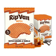 Rip Van Wafels paquete frontal mostrando 12 stroopwafels, práctico y bajo en azúcar