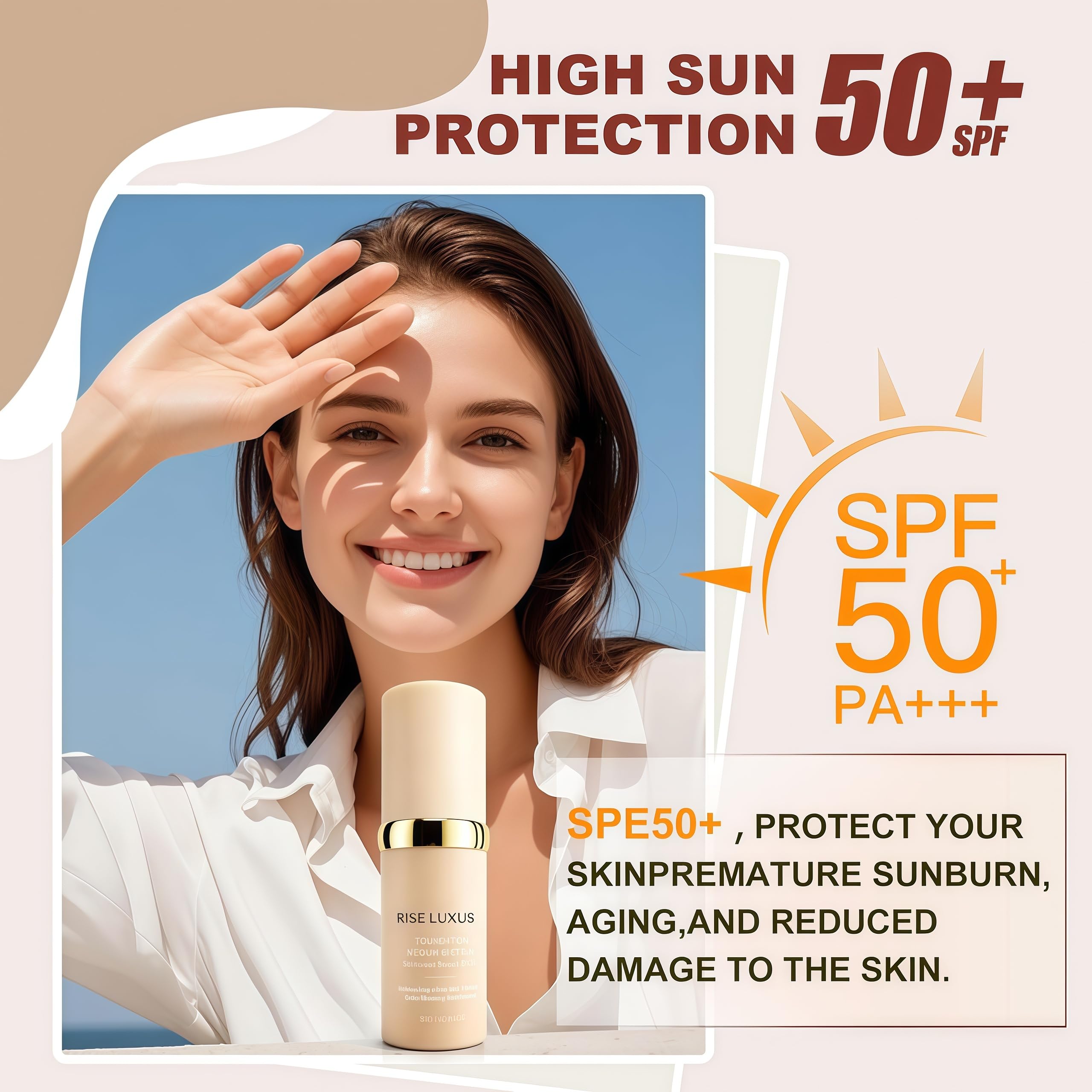 Rise Luxus detalle de la etiqueta con SPF 50 visible, protección diaria incluida