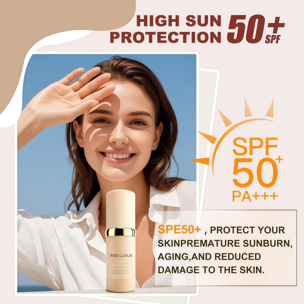 Rise Luxus detalle de la etiqueta con SPF 50 visible, protección diaria incluida