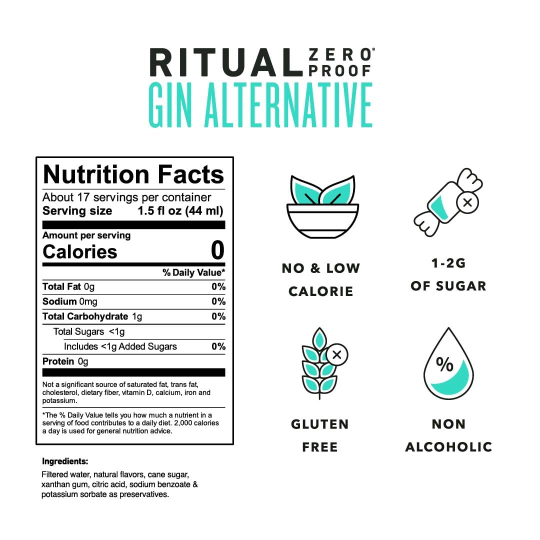 Ritual Zero-Proof label detail highlighting botanical ingredients and quality benefit
