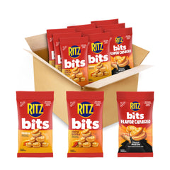 Ritz frente del surtido de nueve bolsas mostrando etiquetas y variedad, conveniencia para llevar
