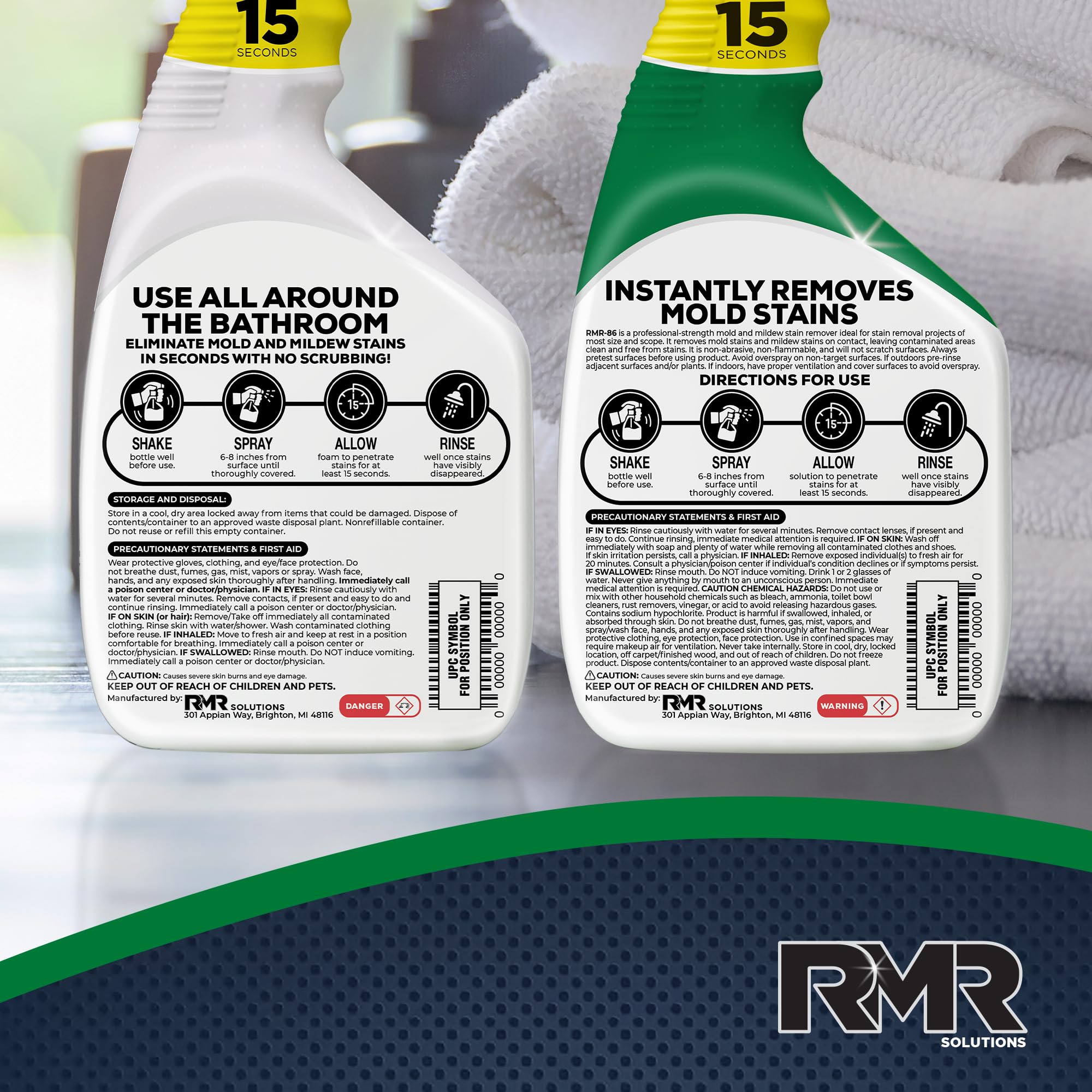 RMR Brands etiqueta con instrucciones claras y precauciones de uso visibles