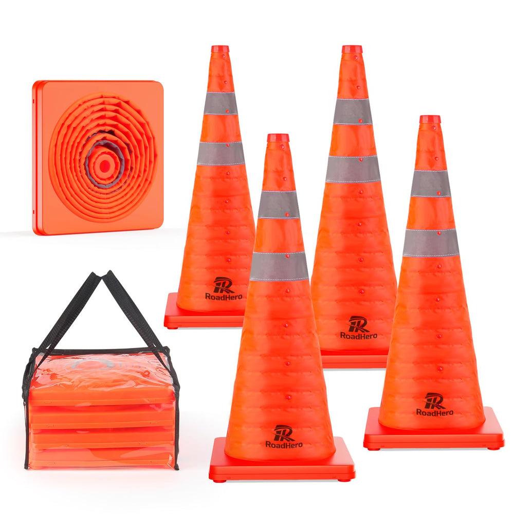 RoadHero front view of four cones and carry bag showing compact kit benefit