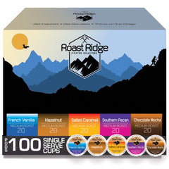 Roast Ridge paquete frontal de 100 cápsulas mostrando variedad y conveniencia