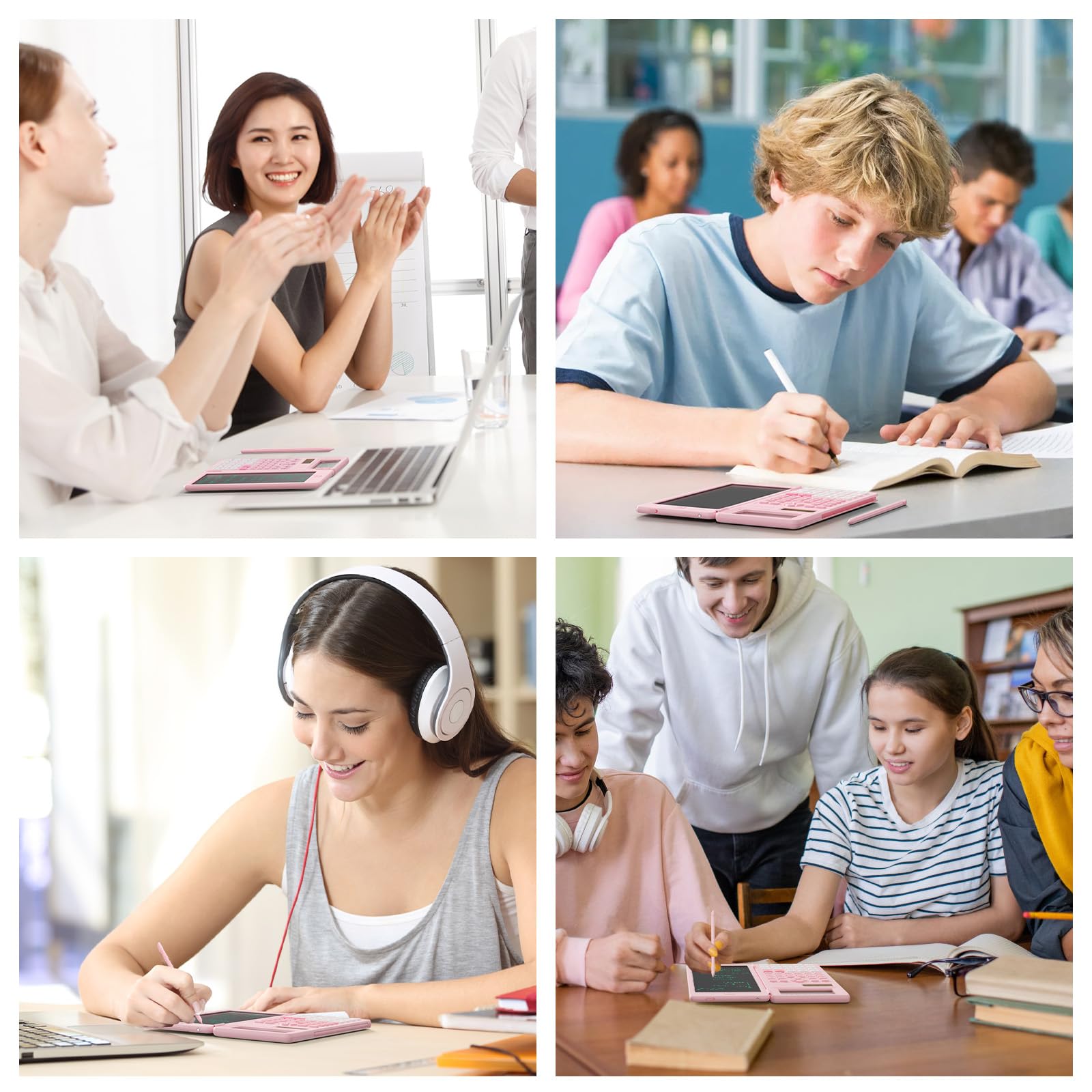 ROATEE calculadora en escritorio de estudio, diseño rosa y uso cotidiano