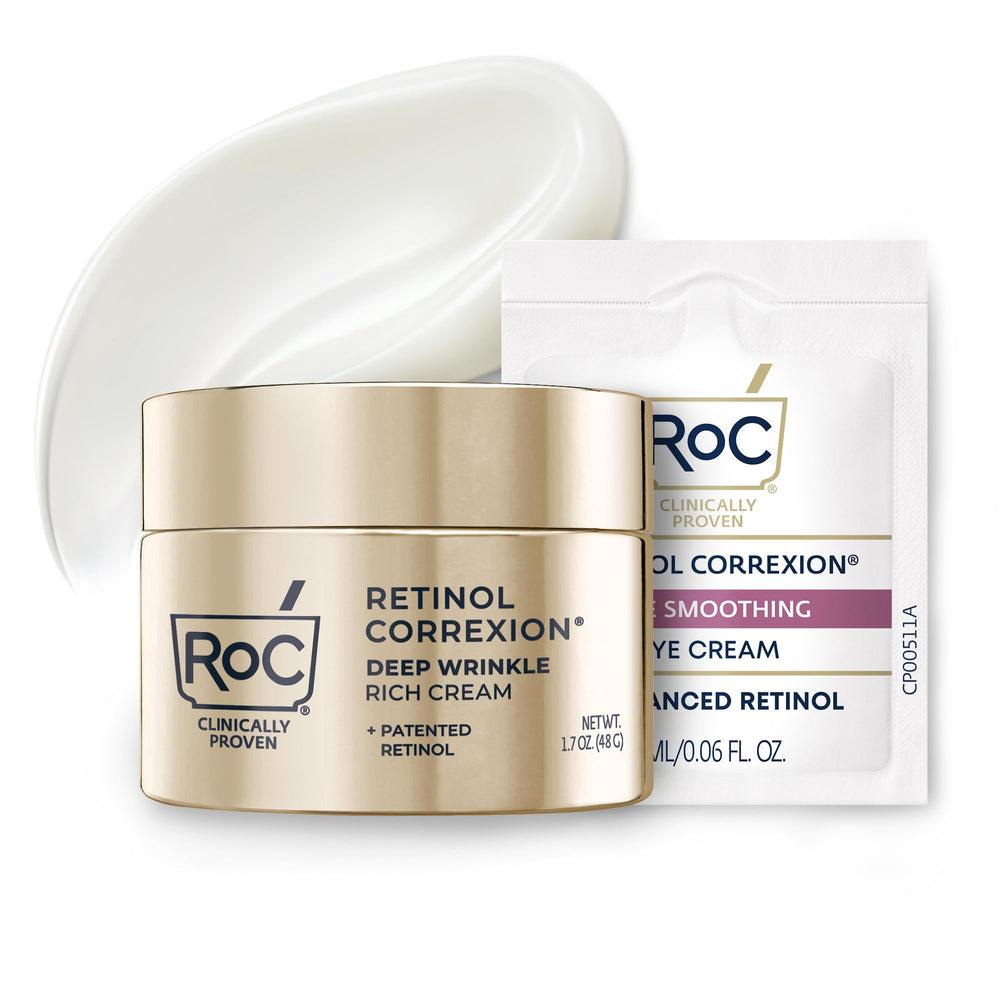 RoC envase frontal de la crema Deep Wrinkle Rich Cream mostrando diseño y beneficio antiarrugas