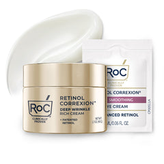 RoC envase frontal de la crema Deep Wrinkle Rich Cream mostrando diseño y beneficio antiarrugas