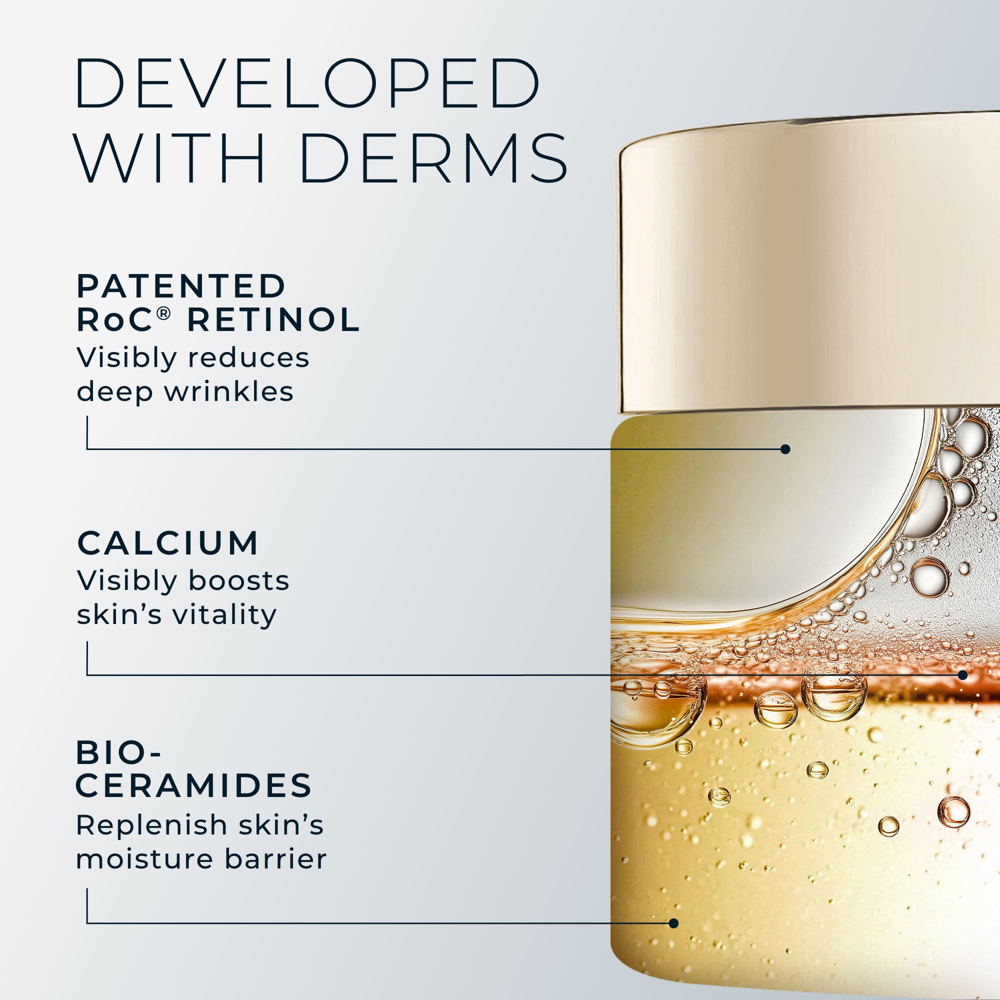RoC etiqueta con ingredientes clave que resalta retinol clínico y ceramidas