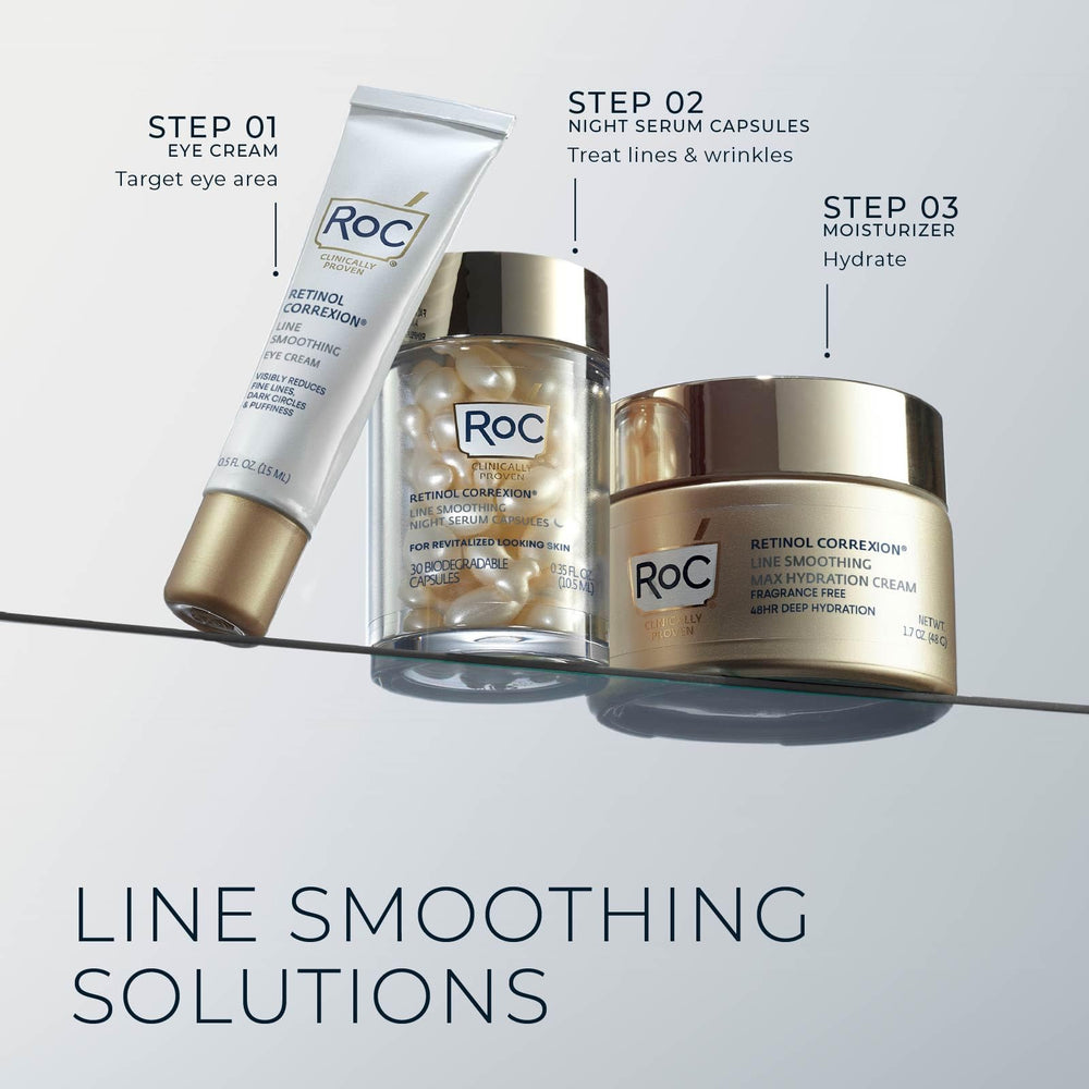 Ingredients layout with RoC retinol and hyaluronic acid emphasizing hydration