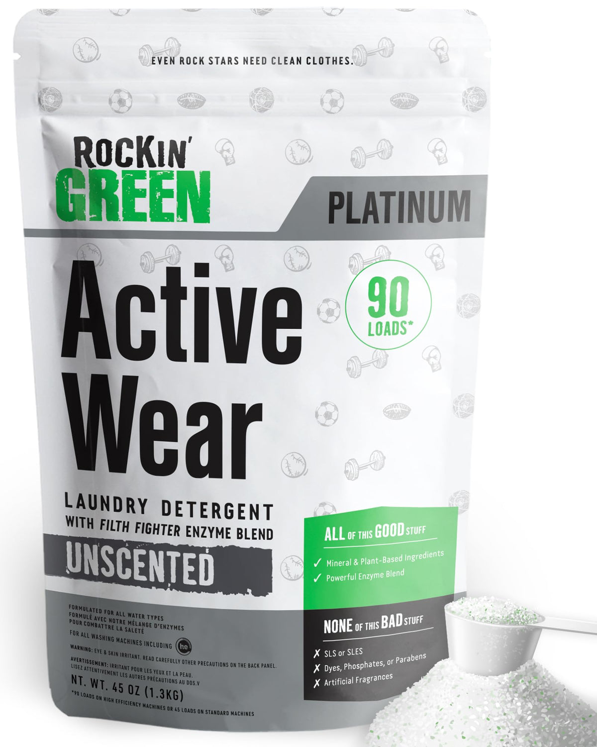 Rockin' Green frente del empaque que muestra rendimiento y sin fragancia