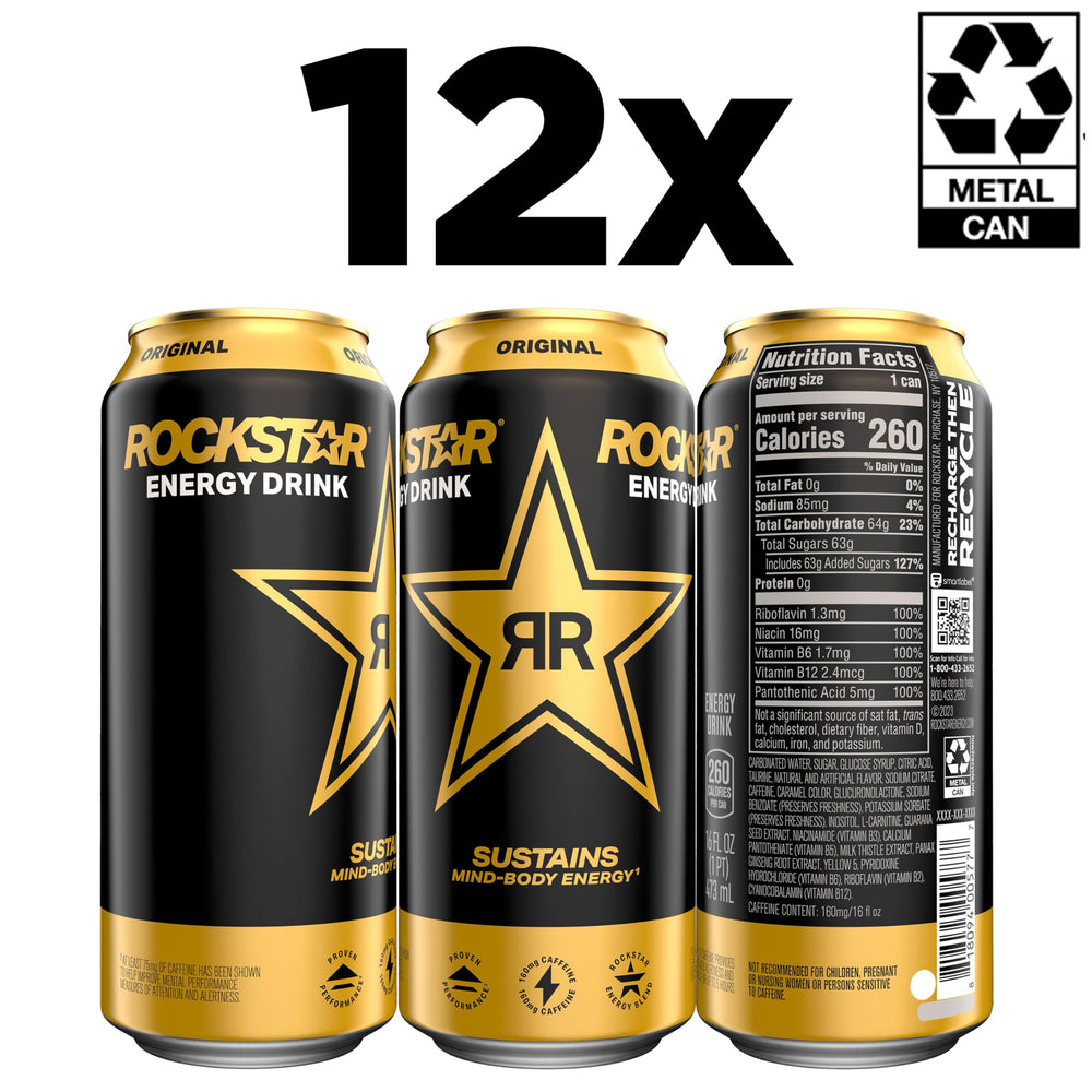 Rockstar original side label detail with ingredients and benefits visible