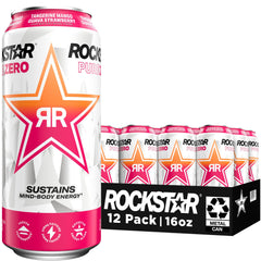 Rockstar Pure Zero front packaging showing twelve 16oz cans and bold tropical branding benefit easy supply