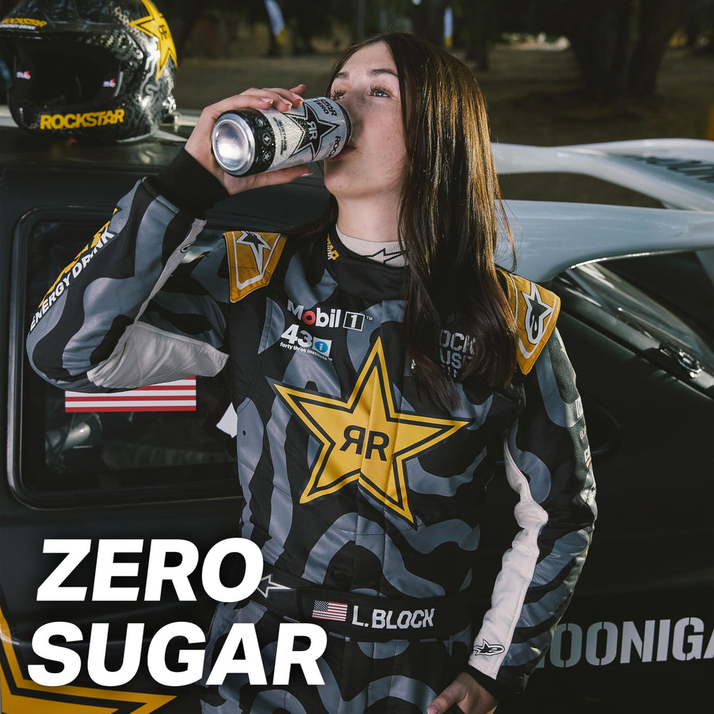 Rockstar Pure Zero beside a water bottle to show 16oz can size and portion clarity
