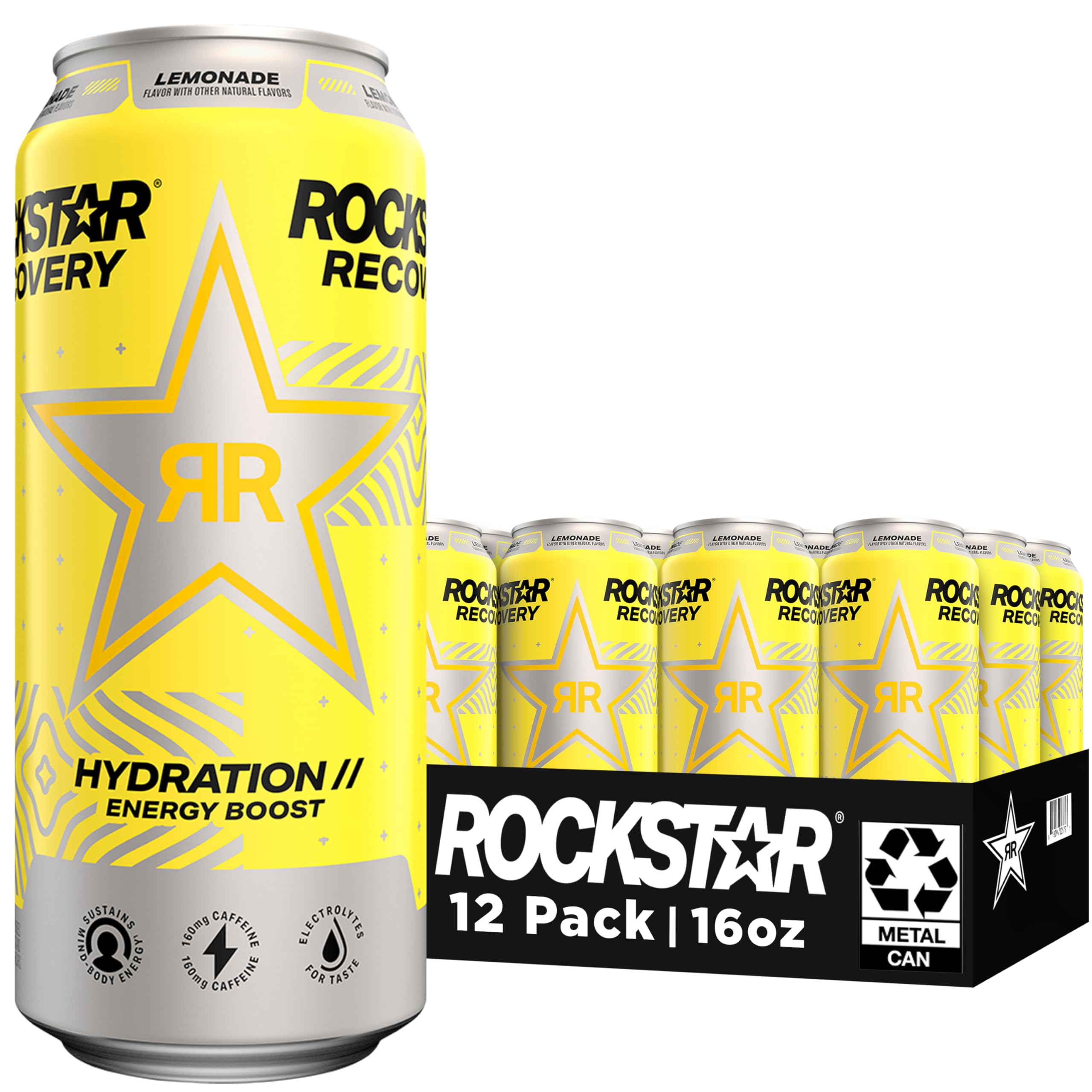 Rockstar can front packaging showing lemonade flavor and 16oz size, energizes refreshment